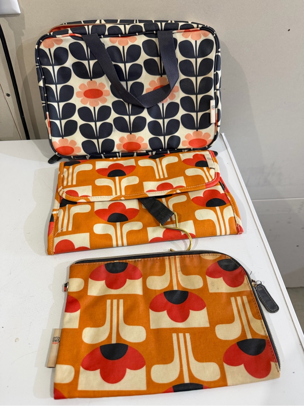 Orla Kiely Floral Cosmetic Pouch Set in Orange, Navy & Cream